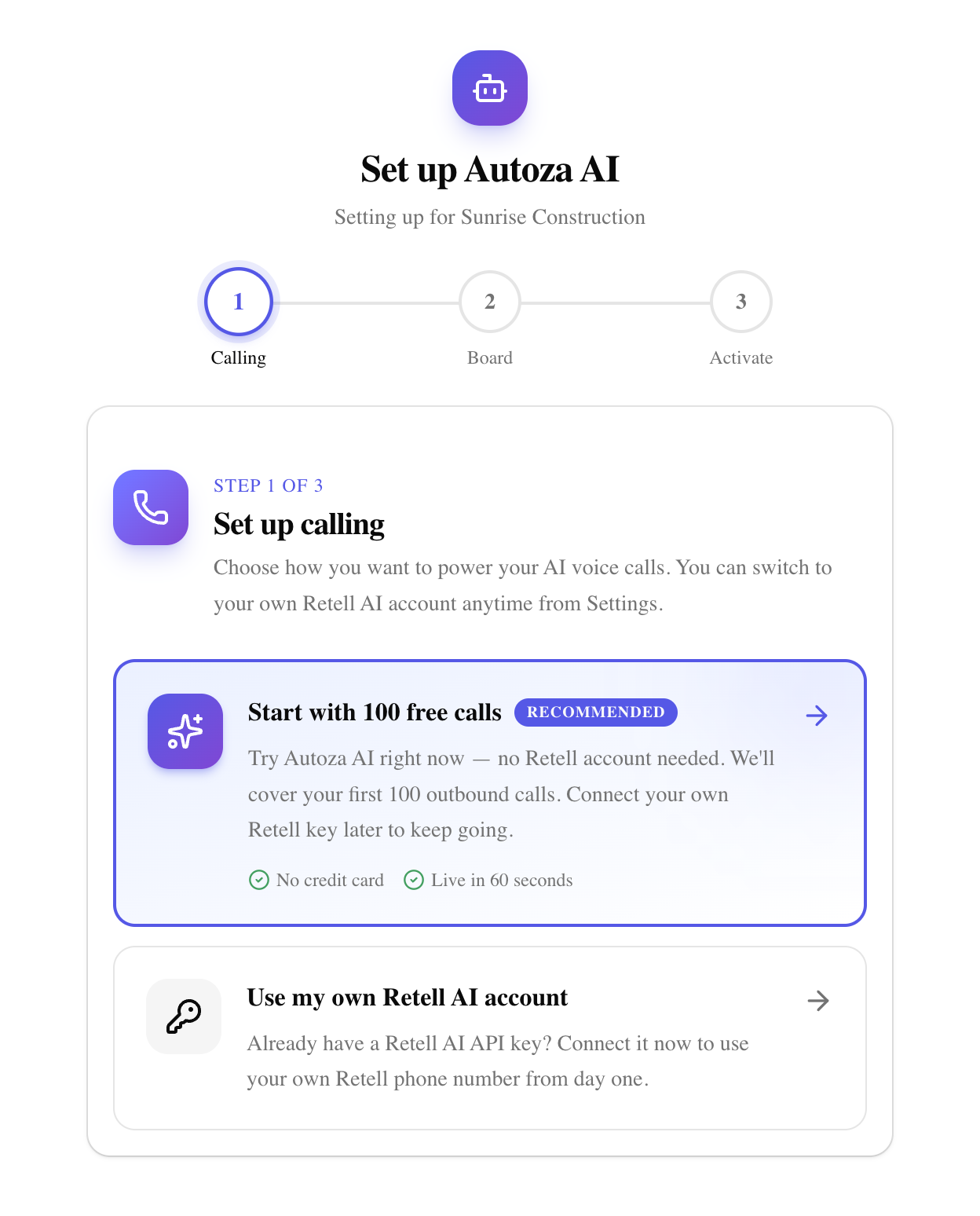 Autoza onboarding: choose free trial or bring your own Retell AI account