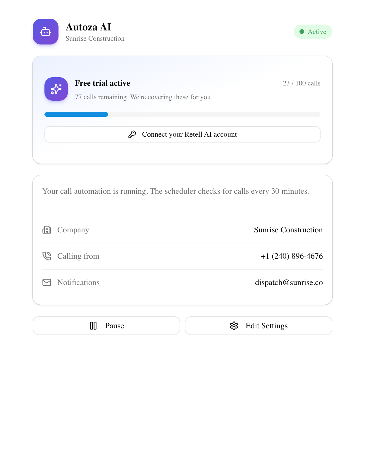Agent settings dashboard showing schedules and usage