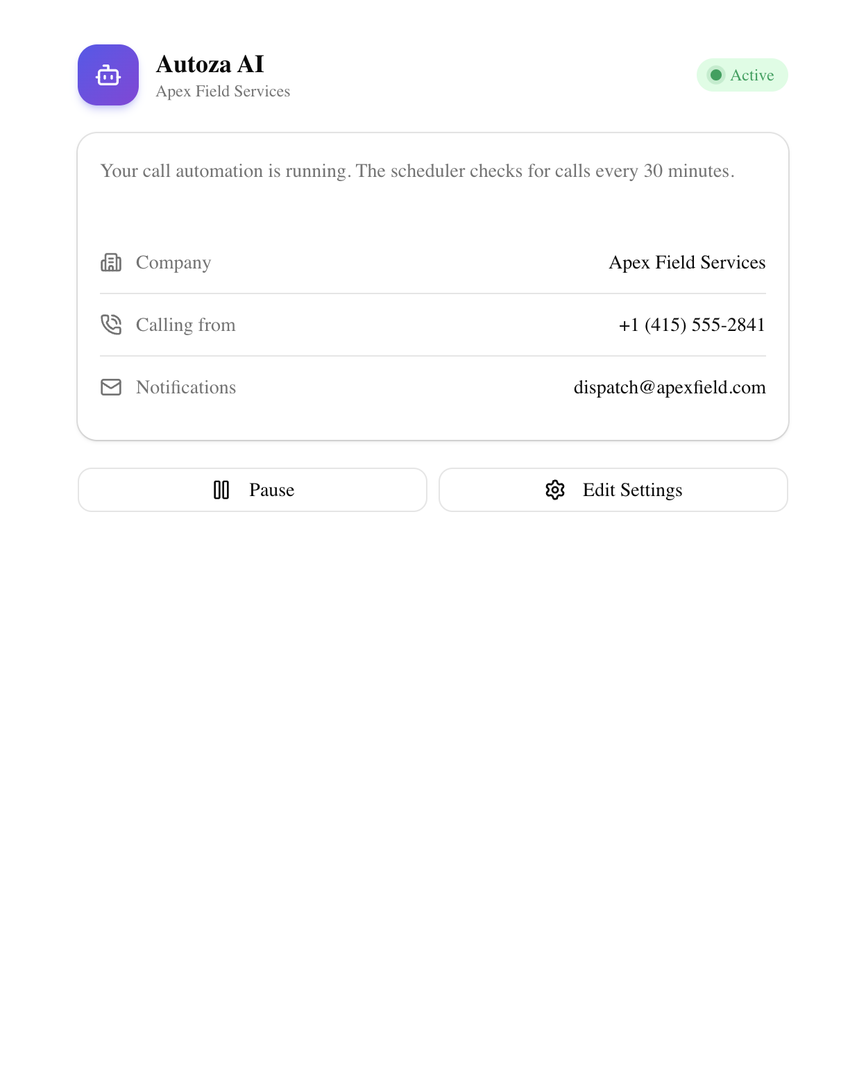 Agent settings showing a connected voice account and phone number