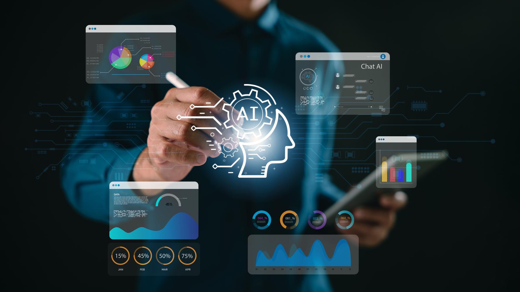Professional using a stylus on an AI interface surrounded by dashboards, representing IT handover tracking