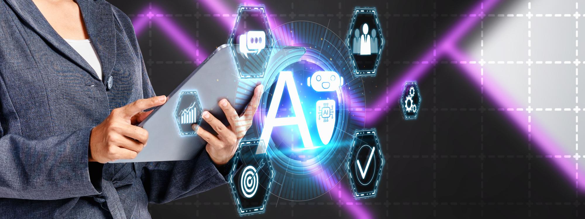 Business professional holding a tablet with AI automation icons