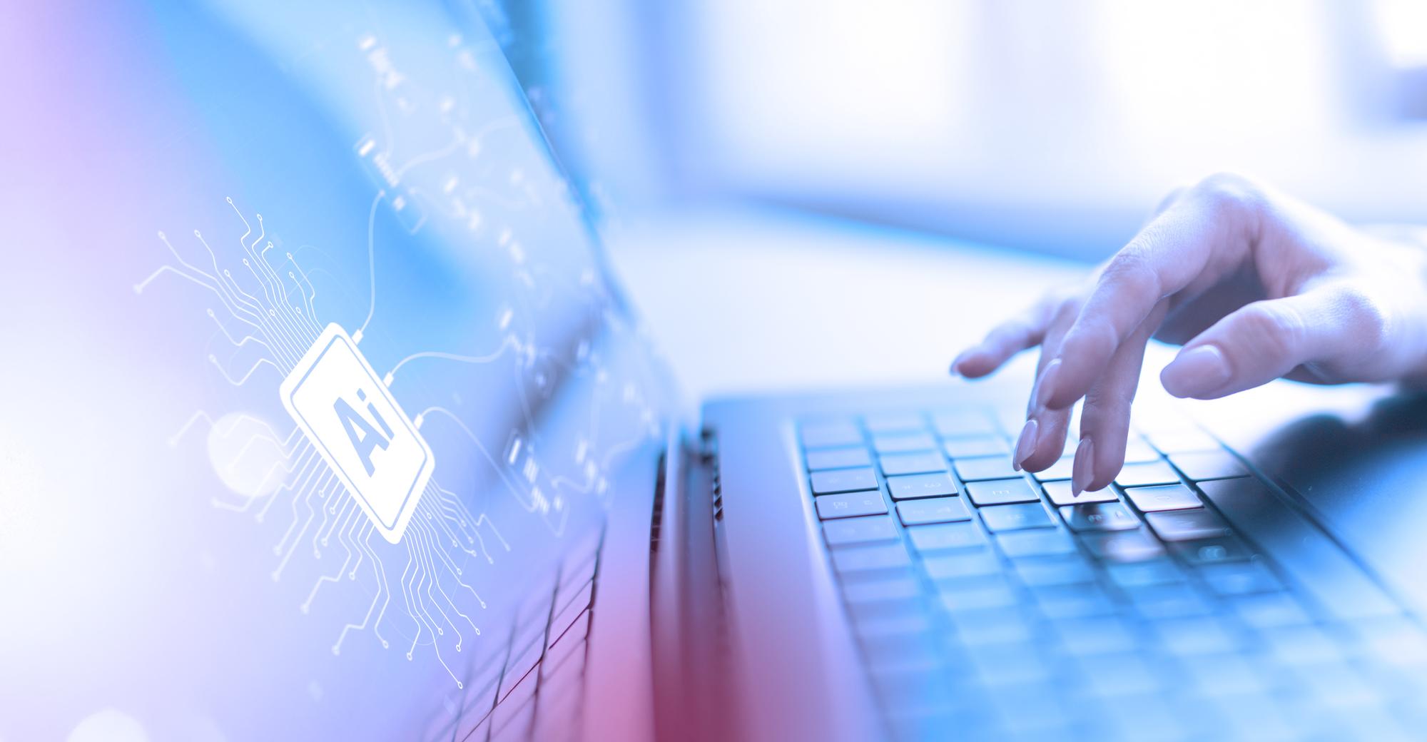 Hands typing on a laptop with an AI chip graphic, representing technician status reporting