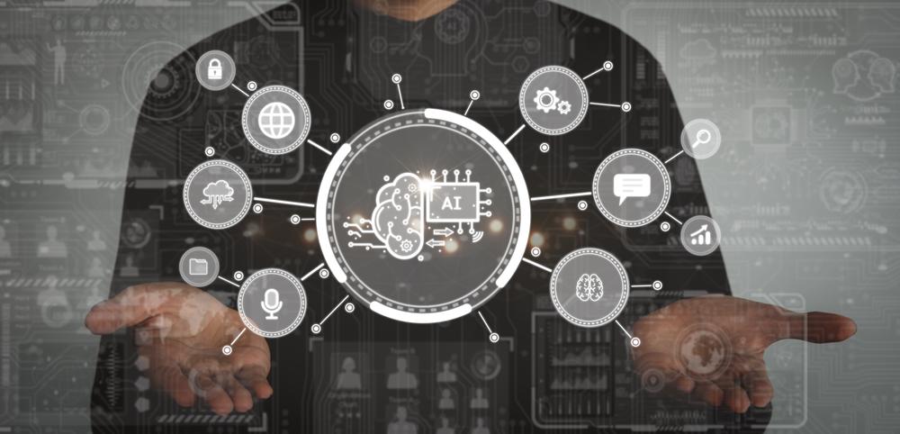 Open hands beneath a ring of AI and data icons, representing quality inspection follow-up records
