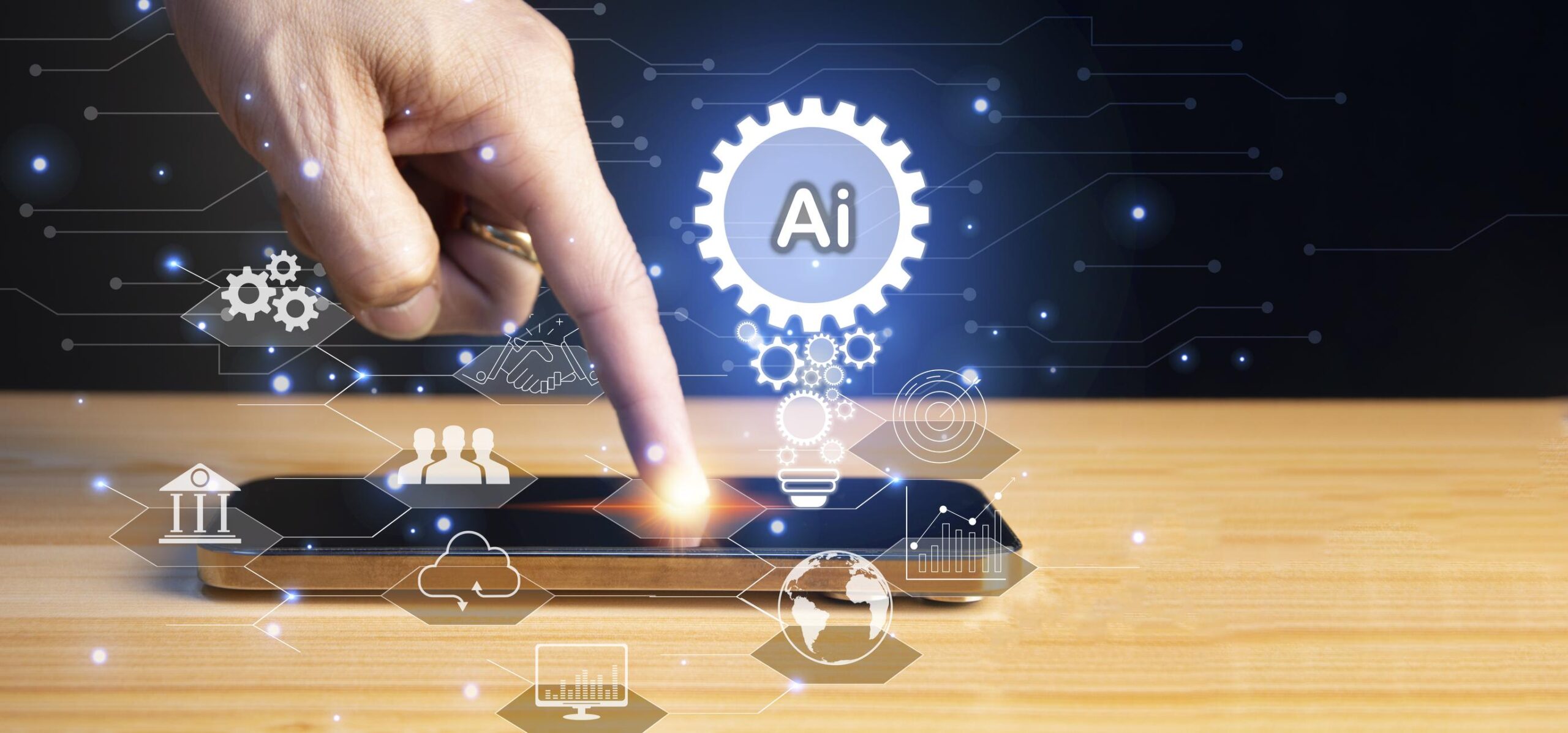 Finger touching a smartphone with an AI gear icon and workflow symbols