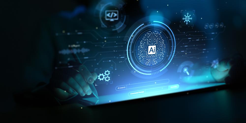 Glowing AI dashboard on a tablet with gear and code icons, representing cutover dependency tracking